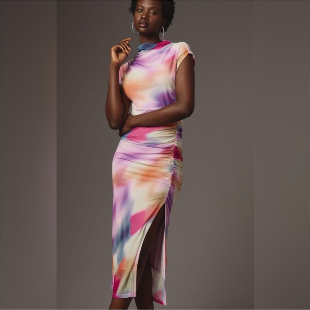 The Maya Ruched Cowl-Neck Mesh Edition Dress - S